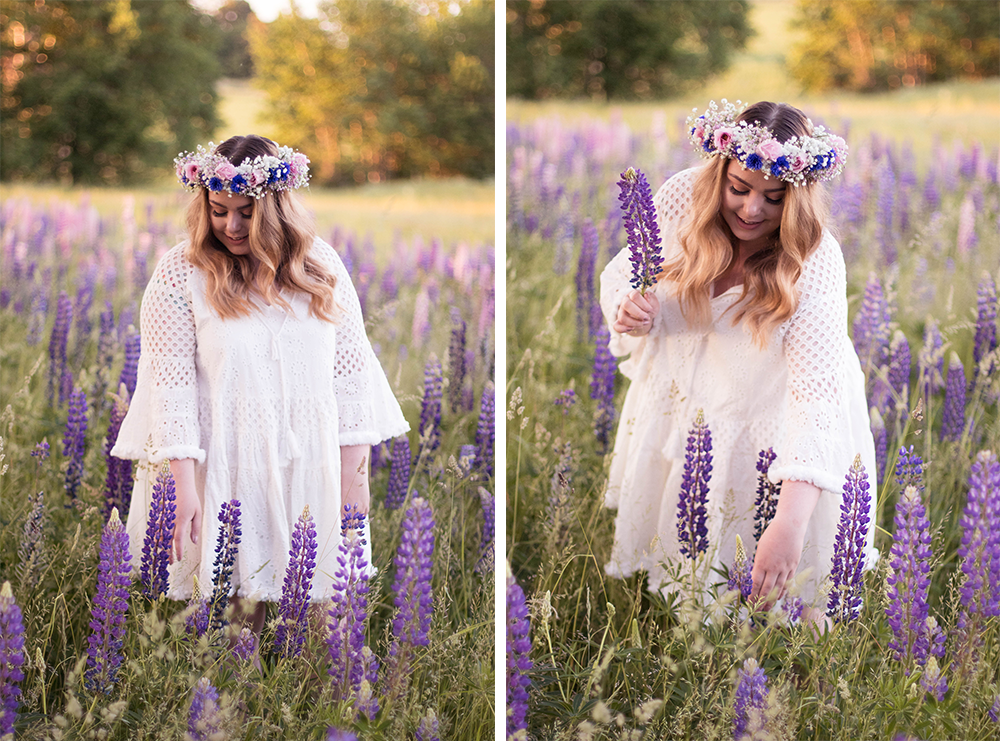 svensk midsommar, vit klänning by malina midsommarkrans i håret av svenska sommarblommor
