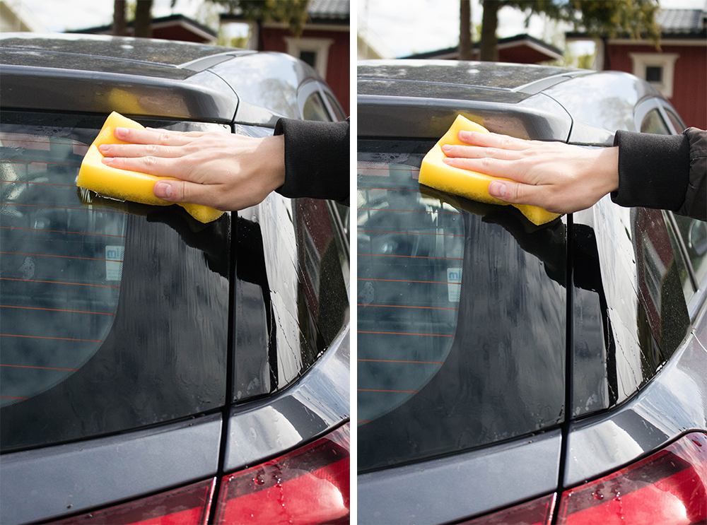 tvättar bilen med bilvård från bollnäsbilvård